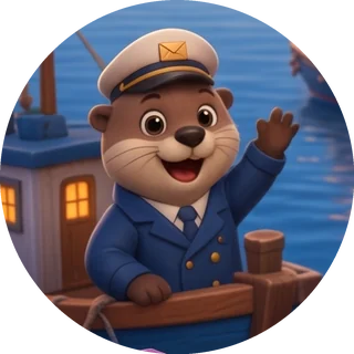 Captain Barnaby the otter in a captain's hat, waving from a boat.