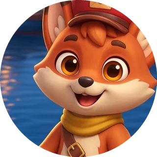 Pip the fox, smiling, in a red cap.