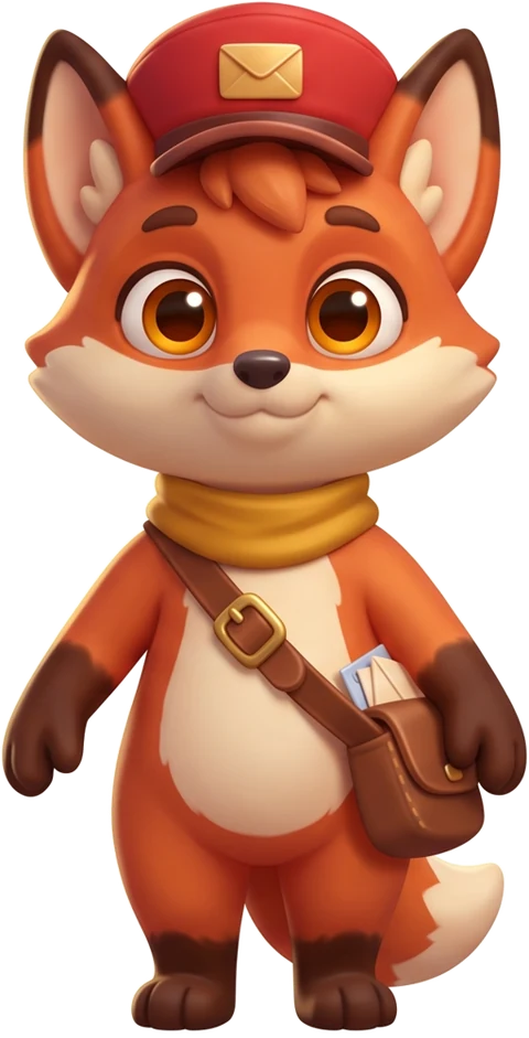 Pip, a young fox courier in a red cap with a satchel.